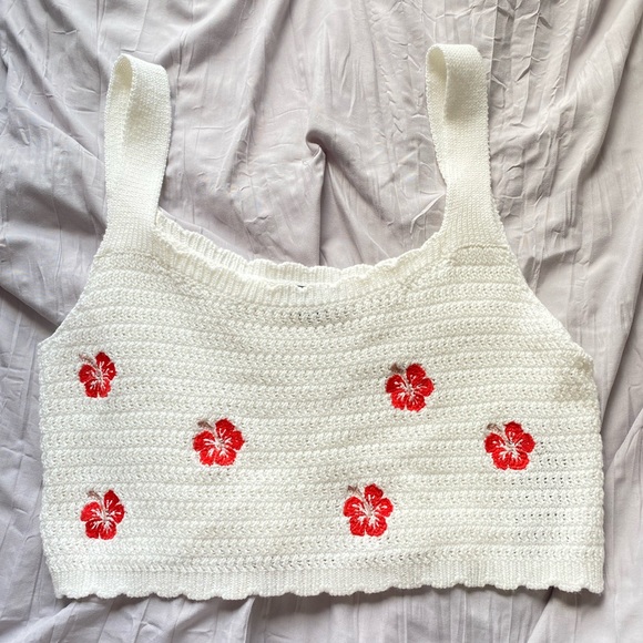 wild fable Tops - Wild Fable White & Red Cropped Floral Crochet Top